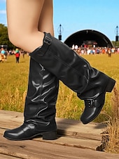 abordables Bottes à la mode-Bottes d&#039;équitation marron pour femmes - style équestre souple en similicuir avec sangles à boucle et talon bas, chaussures décontractées d&#039;automne et d&#039;hiver pour événements en plein air, festivals