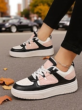 cheap Women's Sneakers-Women's Pink and Black Colorblock Lace-Up Sneakers - Comfortable Faux Leather Platform Walking Shoes for Casual Outfits, Street Style and Autumn Travel