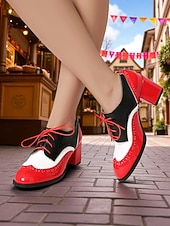 abordables Zapatos Oxford de mujer-Zapatos brogue oxford de tacón grueso con bloques de color para mujer: zapatos de vestir vintage con cordones de los años 50 con detalle de espiga de tweed para la oficina, el Oktoberfest y la moda de