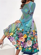 abordables Robes fleuries décontractées-Femmes Robe maxi Robe ajustée et évasée Vacances Occasionnel Boho Soirée Quotidien Sortir Coupe régulière Fleuri Graphique À pois manche longue Col ras du cou Noir Marron clair Bleu Violet Automne