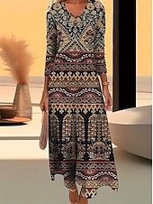 billiga Boho-klänning-Dam Midiklänning T shirtklänning A linjeklänning Semester Ledigt Boho Dagligen Helgdag Datum Normal Blommig Grafisk Geometrisk Långärmad V-hals Mörkbrun Vit Rostig röd Rubinrött Höst Vinter