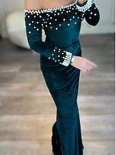economico Abiti da sera a tubino-abito da sera elegante in velluto elasticizzato con cravatta nera, a sirena/tromba, con perle, formale, da sposa, strascico a ruota, manica lunga, spalle scoperte, 2025