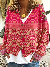preiswerte 3D Strickjacke-Damen Mantel Freizeitjacke Warm Bequem Druck Mode Modern Lässig Blumen Ausgehen Wochenende Einreihig Regulär V Ausschnitt Normale Passform Langarm Oberbekleidung Weiß Himmelblau Grün Herbst Winter