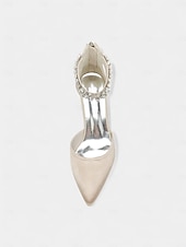 abordables Dama de honor-Zapatos de boda para dama de honor color champán para mujer, tacones bajos de gatito, punta puntiaguda y correa de cristal en el tobillo, zapatos de vestir elegantes y cómodos.