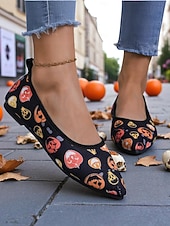 levne Pro ženy-Dámské lehké dýňové balerínky se špičatou špičkou - nazouvací halloweenské boty pro slavnostní podzimní outfity a každodenní pohodlí