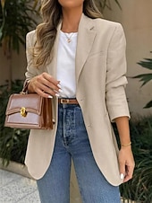 cheap Blazers &amp; Suits-Women's Blazer Comfortable Breathable Pocket Fashion OL Style Plain Outdoor Casual Daily Single Breasted Regular Lapel Regular Fit Long Sleeve Outerwear Black White Khaki Spring Fall