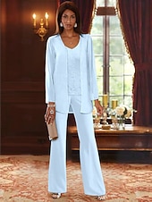 voordelige Broekpakken van mama-Strand Bruiloft Jumpsuit  Pantsuit 3 Delig Moeder van de Bruid Formele Bruiloft Gast Elegante V-Hals Vloerlengte Chiffon Lace Lange Mouw Jas met Applicaties