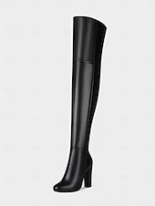 cheap Fashion Boots-Women's Black Faux Leather Over-the-Knee Boots - High Block Heel, Side Zipper, Chic Street Style Winter Footwear for Daily, Nights Out and Fashion Events