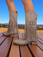 Χαμηλού Κόστους Καουμπόη και δυτικές μπότες-Γυναικείες καφέ μπότες μέχρι το γόνατο με κρόσσια από τεχνητό δέρμα, λεπτομέρειες με τρουκς και χαμηλά τακούνια, μποέμ παπούτσια σε στιλ καουμπόι γουέστερν