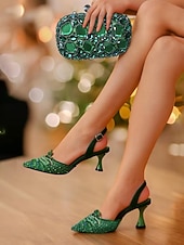 Недорогие Слингбэк туфли-Комплект из женских зеленых туфель на каблуке со стразами и клатча — элегантные туфли с открытой пяткой и сумочка для коктейльной вечеринки или официального случая
