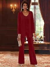 voordelige Broekpakken van mama-Strand Bruiloft Jumpsuit  Pantsuit 3 Delig Moeder van de Bruid Formele Bruiloft Gast Elegante V-Hals Vloerlengte Chiffon Lace Lange Mouw Jas met Applicaties