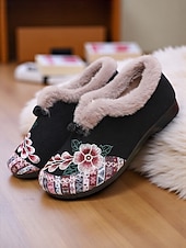 economico Scarpe di Natale per Donne-scarpe slip-on da donna con fodera in pelliccia ricamata rossa e motivo floreale, calde scarpe invernali per Natale, periodo festivo e abbigliamento casual