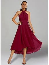 billiga Bröllopsgästklänningar-A-linjeformade Bröllops Gäst Klänningar Elegant Klänning Formal Bröllops Fest Te Längd utan Ärmar En Axlar Höst Bröllops Gäst Chiffon med Rynkning