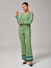 abordables Ensembles deux pièces-Femmes Féminin Chemise boutonnée Chemise Décontractée Arbre Rayé Occasionnel Tee-shirt Vert Broderie Boutons Manche Courte Élégant Bohème Vacances Col de chemise Été
