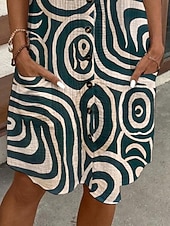 abordables Vestido a Rayas y Geométrico-Mujer Mini vestido Vestido de Camisa Vestido informal Vestido Estampado Moda Moderno Diario Playa Fin de semana Ajuste regular Geométrico Manga Corta Cuello Camisero Verde Trébol Verano Primavera