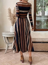 preiswerte Streifen- und geometrisches Kleid-Damen Midikleid A Linie Kleid Figurbetontes Kleid Lässig Normale Passform Grafik Geometrisch Langarm Rundhalsausschnitt Braun Sommer Herbst Winter