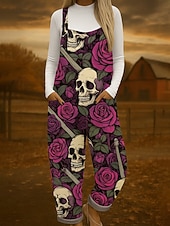 baratos Calças de Halloween-Macacão feminino 100% algodão, leve, gráfico, sem mangas, perna larga, gola redonda, com bolso, férias, diário, ajuste solto, vermelho, azul, roxo, verão