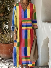 abordables Robes Rayés et Géométriques-Femmes Robe Midi Robe Décontractée Robe d&#039;Été Robe trapèze Vacances Occasionnel Boho Soirée Fête Plage Coupe Ample Graphique Géométrique manche longue Col en V Rose Claire Bleu Orange Été Printemps