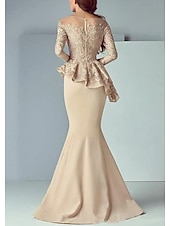cheap Floor Length-Mermaid Mother of the Bride Dress Formal Wedding Guest Elegant Scoop Neck Floor Length Lace Stretch Fabric Long Sleeve with Ruffles Appliques