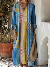 preiswerte Streifen- und geometrische Kleider-Damen Maxikleid Sommerkleid A Linie Kleid Urlaub Lässig Boho Party Ferien Strand Lässiger Schnitt Grafik Geometrisch Abstrakt Langarm V Ausschnitt Dunkelbraun Dunkelrot Rote Leicht Braun Frühling