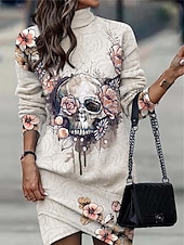 billige Halloween kjole-Halloween Dame Sweatshirt Kjole Mini Kjole Innpakningskjole Fest Boho Semi Formell Formell Utendørs Hjem Regular Fit Blomster Grafisk Dødningehode Langermet Høyhals svart Aprikos Vår Høst Vinter