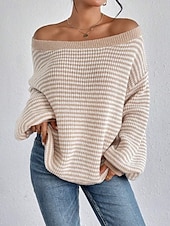 preiswerte Grafische Muster und Details-Damen Pullover Lässig Weich Gestreift Gerippt U-Boot-Ausschnitt Gestrickt Langarm Normale Oberteile Stricken Outdoor Täglich Wochenende Schwarz Rote Herbst Winter