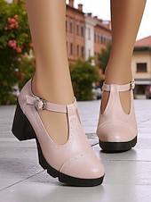  Lyseblå damesko med T-stropp og kraftig hæl – pumps i imitert skinn med rund tå og spenne for fritidsbruk, kontorantrekk og vår- og sommerarrangementer