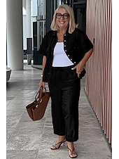 abordables Ensembles chemisiers pour femmes-Femmes Taille EU / US Ensembles de Pantalons Manche Courte Noir Blanche Gris Automne