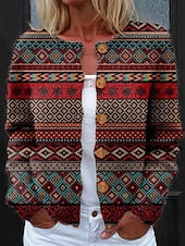  Damen Strickjacke Pullover Gestrickt Rippstruktur Knopf Front Rundhalsausschnitt Lange Ärmel Leicht Alltag Geometrisch Paisley Rundhals Knöpfe Druck Reguläre Oberteile Strick Outdoor Wochenende
