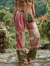 cheap Wide Leg &amp; High Waisted-Women&#039;s 3D Print Wide Leg Chinos Baggy Pants Vacation Vintage Fashion Full Length High Waist Floral Graphic Drawstring Patchwork Print Soft Breathable Inelastic Vacation Street Light Pink Dark Pink
