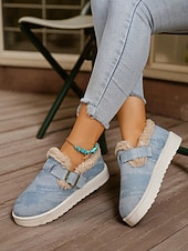 abordables Botas de nieve e invierno-Botines de nieve para mujer con forro polar vaquero: zapatos de invierno cálidos e informales sin cordones con correa de velcro para viajes y paseos al aire libre.