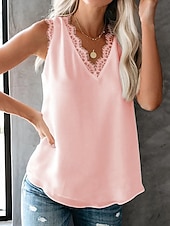 abordables Hauts en dentelle-Femmes Hauts d&#039;été Uni Élégant Sans manches Col en V Hauts Réguliers Noir Blanche Rose Claire Bleu Ciel Abricot Été