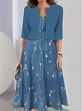 ieftine rochie florală-Pentru femei Set de rochii Rochie A line Casual Rochii Semi Formale Floral Grafic Imprimeu Rochii Midi Manșon Jumate Stil Nautic Vacanță Dată Alb Albastru piscină Trifoi Vară Primăvară Fit regulat