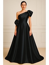 baratos Vestidos de Noite-Vestido de Gala A-Line Vestido Elegante Formal Casamento Comprimento do Chão Sem Mangas Um Ombro Cetim com Bolsos e Pregas Flor de Ombro