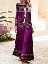 preiswerte Boho Kleid-Damen Maxikleid Shiftkleid A Linie Kleid Party Lässig Boho Täglich Date Ausgehen Normale Passform Batik Stammes Langarm Rundhalsausschnitt Rote Blau Purpur Grün Frühling Herbst Winter