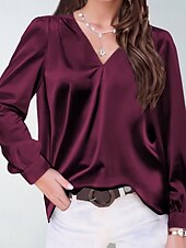 preiswerte Elegante Oberteile-Damen Hemd Bluse Einfach Modern Lässig Langarm V Ausschnitt Normale Oberteile Täglich Ferien Ausgehen Gerafft Schwarz Weiß Gelb Rosa Wein Herbst