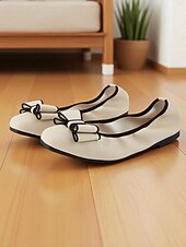 abordables Ballerines femme-Ballerines en similicuir crème pour femmes - chaussures à enfiler à bout rond avec bordure noire et nœud décoratif, chaussures confortables pour un usage décontracté, au bureau et au quotidien