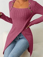 cheap Plain tee-Women's T Shirt Tee Top Buttons Asymmetrical Solid Color Elegant Fashion Long Sleeve Square Neck Regular Tops Daily Weekend Black Brown Rose Pink Gray Spring Fall