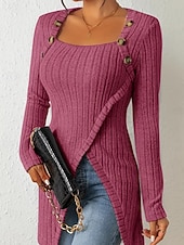 cheap Plain tee-Women's T Shirt Tee Top Buttons Asymmetrical Solid Color Elegant Fashion Long Sleeve Square Neck Regular Tops Daily Weekend Black Brown Rose Pink Gray Spring Fall