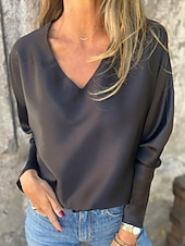 preiswerte Damen Einfache Oberteile-Damen Hemd Bluse Einfach Modern Lässig Langarm V Ausschnitt Normale Oberteile Täglich Ausgehen Schwarz Champagner Braun Aprikose Grau Herbst