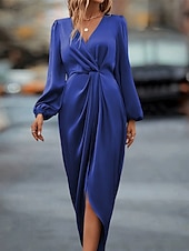 economico Vestito Semplice-Per donna Abito Midi Abito Selkie Moda Classico Moderno All&#039;aperto Vacanza Ferie Vestibilità regolare Semplice Manica Lunga Scollo a V Champagne Vino Verde militare Blu Estate