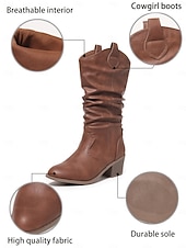 olcso Slouch Boots-női barna bő szárú, félvádrájú csizma – vastag sarkú, western stílusú csizma őszi divathoz, szabadtéri eseményekhez és hétköznapokra