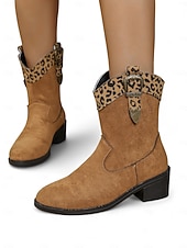 זול מגפיים קאובוי ומערב-מגפי בוקרים מזמש לנשים עם אבזם בהדפס נמר ועקבים נמוכים, נעליים אופנתיות אורבניות