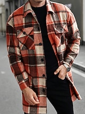preiswerte Herren-Blazer &amp; -Anzüge-Herren Leichte Jacke Hemdjacke Freizeitjacke Jacke-Shirt Urlaub Täglich Thermowarm Tasche Frühling Herbst Karomuster Mode Klassisch Revers Regulär Schwarz Wein Orange Khaki Armeegrün Jacken