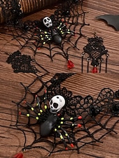 abordables Accesorios de Halloween-Conjunto de collar y pendientes de araña y calavera de Halloween para mujer: diseño de red de encaje negro con gema roja, perfecto para fiestas y disfraces de Halloween.