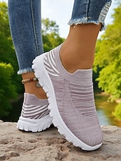 levne Dámské tenisky-Dámské růžové flyknit nazouvací tenisky s bílou podrážkou – ležérní lehká vycházková obuv na fitness, cestování i každodenní nošení