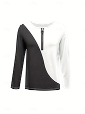 お買い得  アート＆デザインTシャツ-女性用 Tシャツ ジッパー プリント グラフィック 幾何学模様 カラーブロック エレガント ヴィンテージ スタイリッシュ 長袖 ラウンドネック ノッチネック レギュラートップス 日常 週末 ダックグレー 春 秋 冬