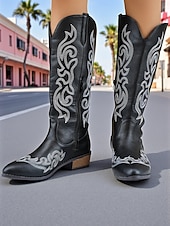 levne Cowboy &amp; Western Boots-Dámské kovbojské boty v westernovém stylu do poloviny lýtek – červená umělá kůže s bílou výšivkou, boční zip a nízký podpatek, ideální na country festivaly, rodeo outfity a ležérní podzimní streetwear.