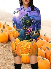 tanie Strój na Halloween-Damskie Sukienka mini Sukienka trapezowa Codzienny Urlop Święto Weekend Regularny Graficzny Kot Dynia Długi rękaw Kaptur Biały Fioletowy Pomarańczowy Jesień Zima