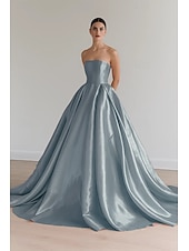 baratos Champanhe-Vestido de baile de cetim elástico, vestido de noite elegante, vestido formal de casamento, cauda longa, sem mangas, sem alças, com pregas e cadarço 2025